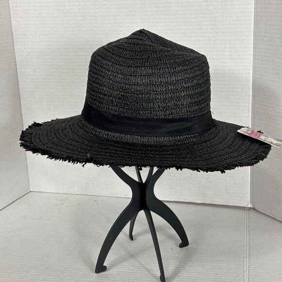 Fashion Hat Woven Fringed Sun Hat Grosgrain Ribbon Band Black NWT 9037 - Picture 5 of 14